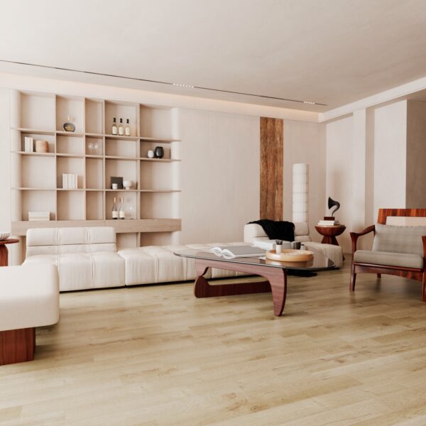 Parchet SPC Luxury 3556 montat într-un living luminos, cu canapea albă modulară și măsuță din lemn