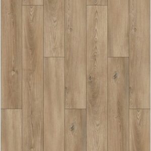 Parchet SPC Luxury 861352 cu decor de stejar maro-caramel, fibră arcuită și noduri, plăci decalate, vedere de sus