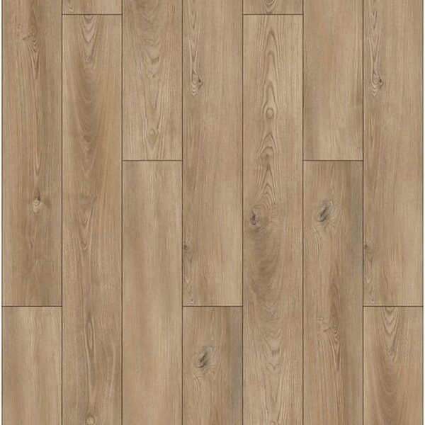 Parchet SPC Luxury 861352 cu decor de stejar maro-caramel, fibră arcuită și noduri, plăci decalate, vedere de sus