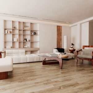 Parchet SPC Luxury 861353 stejar brun montat într-un living cu canapea albă și bibliotecă