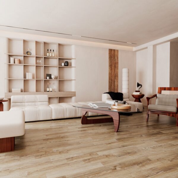 Parchet SPC Luxury 861353 stejar brun montat într-un living cu canapea albă și bibliotecă