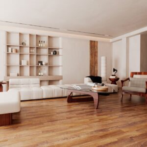 Parchet SPC Luxury 861356 nuc ars montat într-un living cu canapea albă
