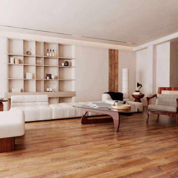 Parchet SPC Luxury 861356 nuc ars montat într-un living cu canapea albă