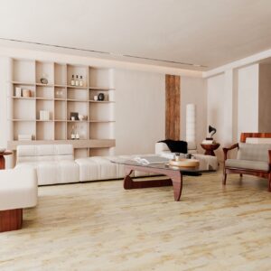 Parchet SPC Luxury 861362 bej antichizat, montat într-un living alb cu canapea modulară și fotoliu din lemn
