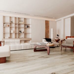 Parchet SPC Luxury 8804012 gri spălat, montat într-un living alb cu canapea modulară și măsuță din lemn