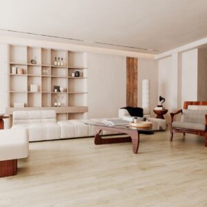 Parchet SPC Luxury 880405 grej montat într-un living cu mobilier crem și măsuță din lemn