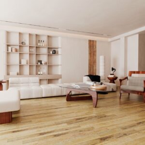 Parchet SPC Luxury 880407 în ton de miere, montat într-un living alb cu canapea modulară și fotoliu din lemn
