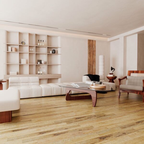 Parchet SPC Luxury 880407 în ton de miere, montat într-un living alb cu canapea modulară și fotoliu din lemn