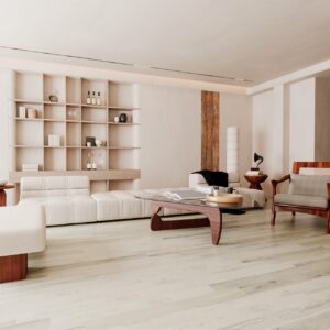 Parchet SPC Luxury 880409 crem montat într-un living luminos, cu mobilier alb