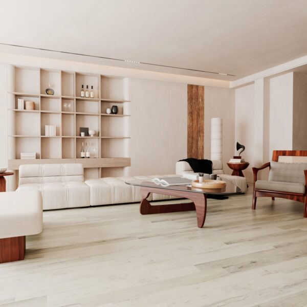 Parchet SPC Luxury 880409 crem montat într-un living luminos, cu mobilier alb