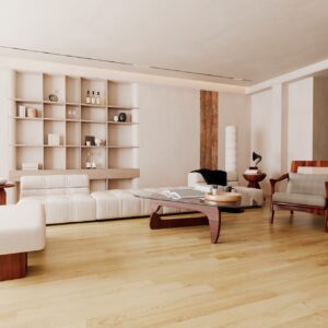 Parchet SPC Luxury 881885 în nuanță cireș, montat într-un living alb cu măsuță din lemn și fotoliu