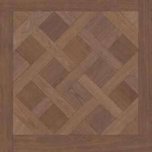 Placă de parchet SPC Oxford 20015 de 60 × 60 cm, cu model Versailles împletit din stejar maro închis și ramă