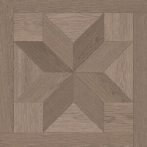 Placă de parchet SPC Versailles 10010 de 60 × 60 cm, cu stea în opt colțuri din stejar gri-maroniu și ramă