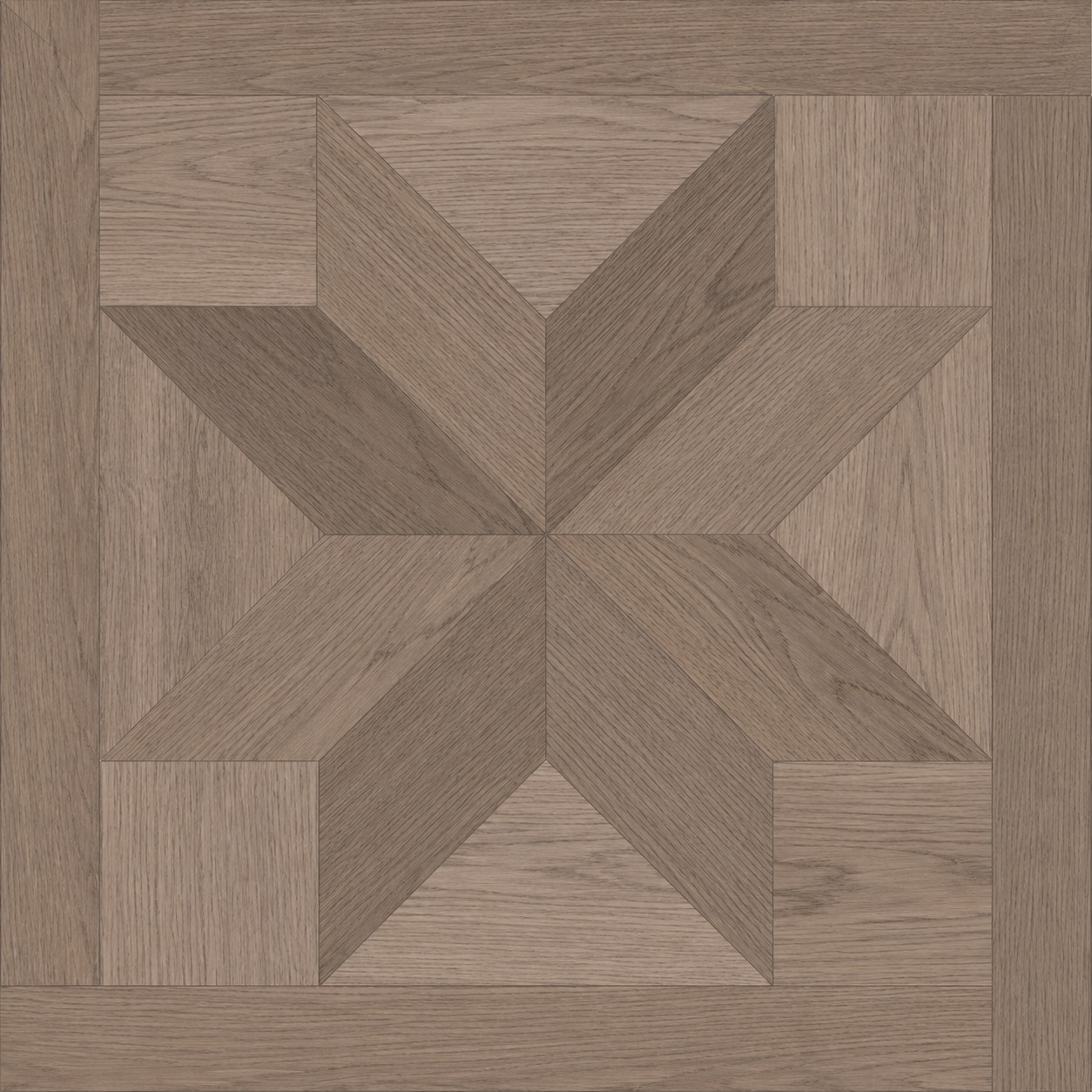 Placă de parchet SPC Versailles 10010, 60 × 60 cm Placă de parchet SPC Versailles 10010 de 60 × 60 cm, cu stea în opt colțuri din stejar gri-maroniu și ramă
