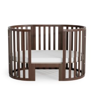 Pătuț evolutiv rotund-oval Maribelle 9 în 1, nuc, vedere din față