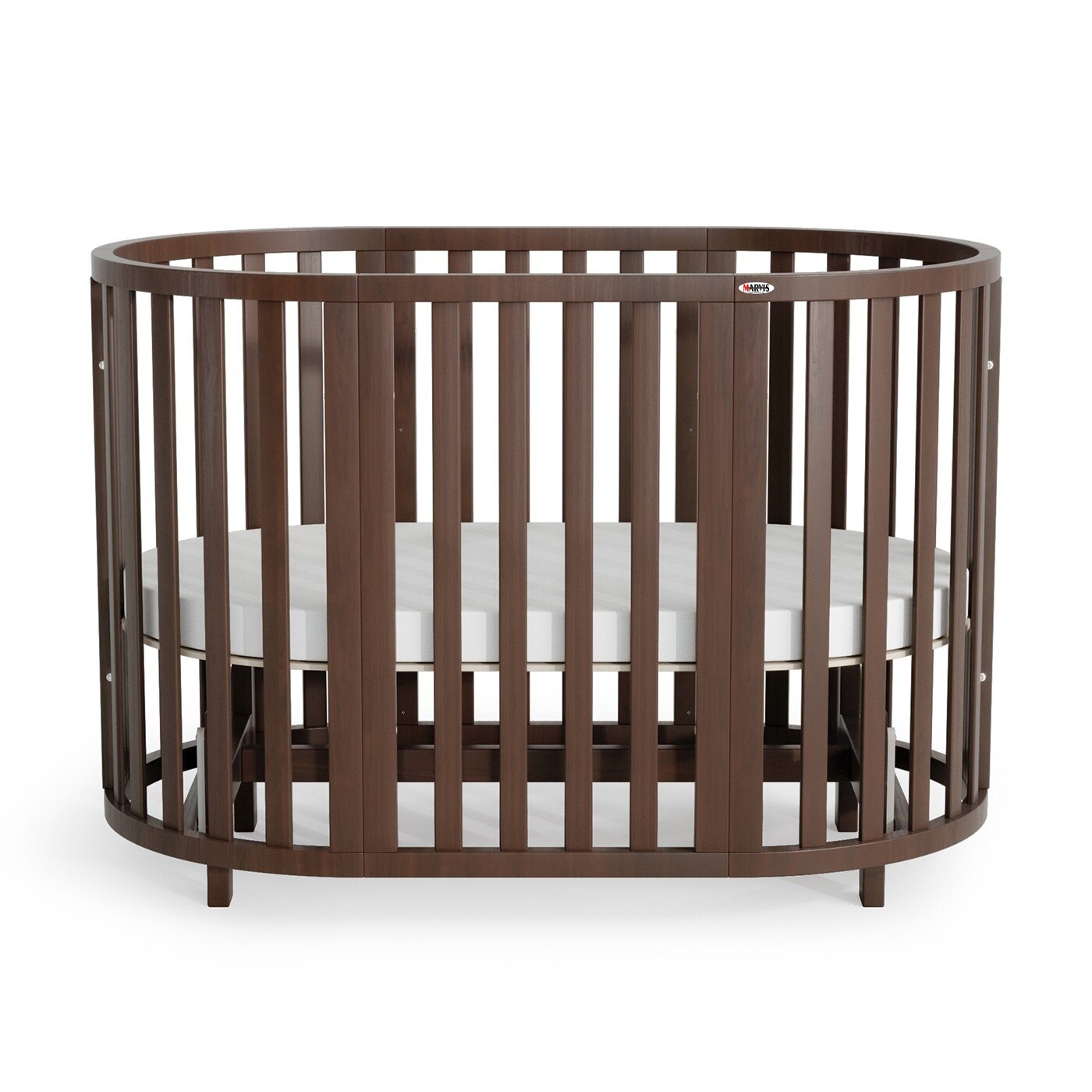 Pătuț evolutiv rotund-oval Maribelle 9 în 1, nuc, vedere de ansamblu Pătuț evolutiv rotund-oval Maribelle 9 în 1, nuc, vedere de ansamblu
