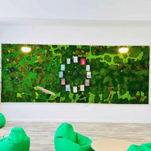 Perete din licheni și mușchi cu ceas din cărți în centru și benzi de licheni verde crud