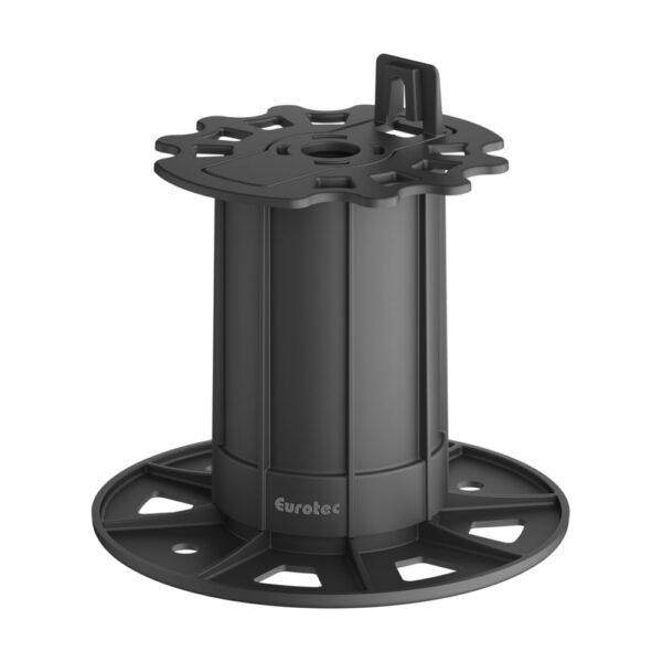Picior reglabil Eurotec de 110–210 mm, înalt, cu opritor vertical pe cap, din plastic negru, pe fundal alb