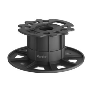 Picior reglabil Eurotec pentru terasă, pentru înălțimi de 60–110 mm, cu corp cilindric negru și talpă rotundă