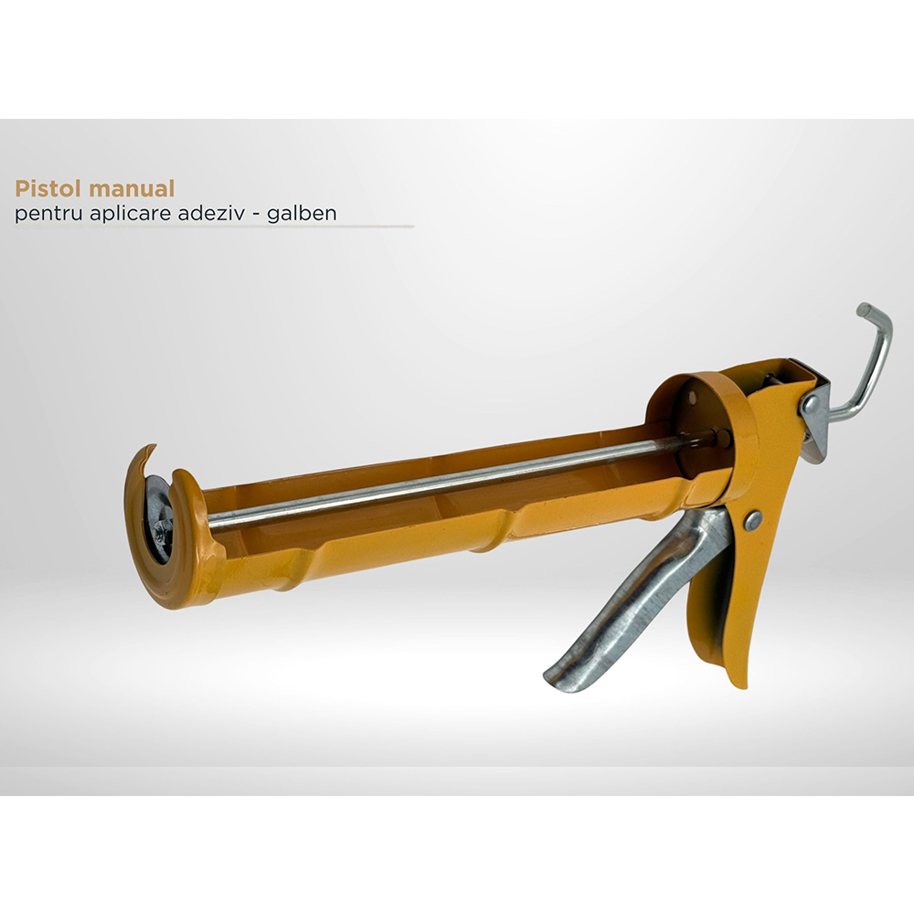 Pistol manual Panel Plus galben pentru adeziv și silicon Pistol manual galben Panel Plus pentru adeziv, cu cadru deschis de tip schelet și trăgaci metalic