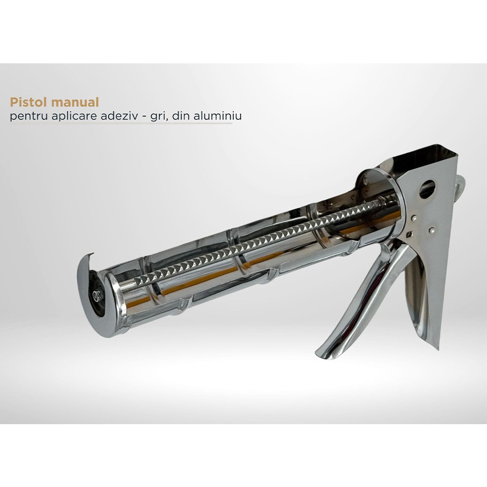 Pistol manual Panel Plus gri pentru adeziv și silicon Pistol manual gri Panel Plus pentru adeziv, cu corp metalic lucios, suport semicilindric și tijă dințată