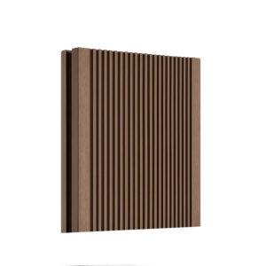 Placă decking WPC maro așezată vertical, cu fața cu striații fine