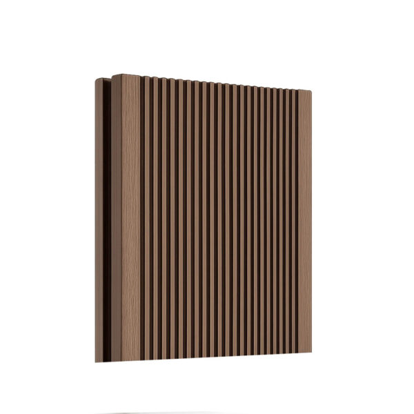 Placă decking WPC maro așezată vertical, cu fața cu striații fine