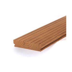 Placă Lunawood Lunadeck 2 Profix 2 de 117 mm, din pin tratat termic caramel, cu caneluri dese și nutul Profix 2