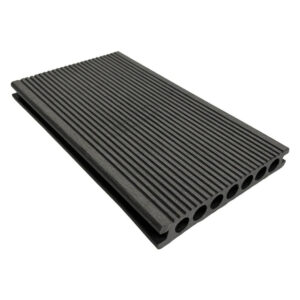 Placă decking WPC gri, fața cu dungi și șapte goluri rotunde la capăt