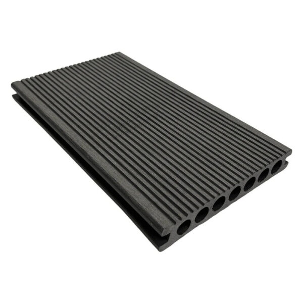 Placă decking WPC gri, fața cu dungi și șapte goluri rotunde la capăt