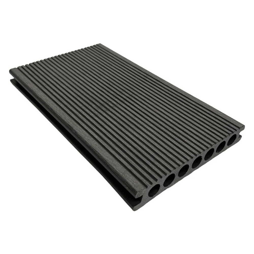 Placă decking WPC gri antichizat Placă decking WPC gri, fața cu dungi și șapte goluri rotunde la capăt