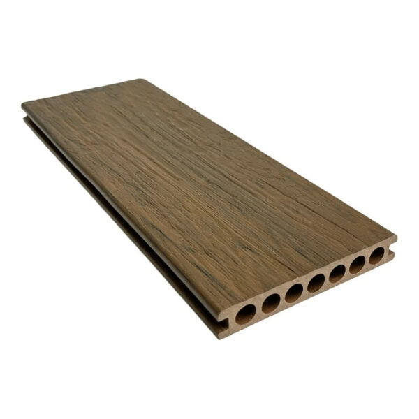 Placă decking WPC stejar închis cu față periată și șapte goluri rotunde la capăt