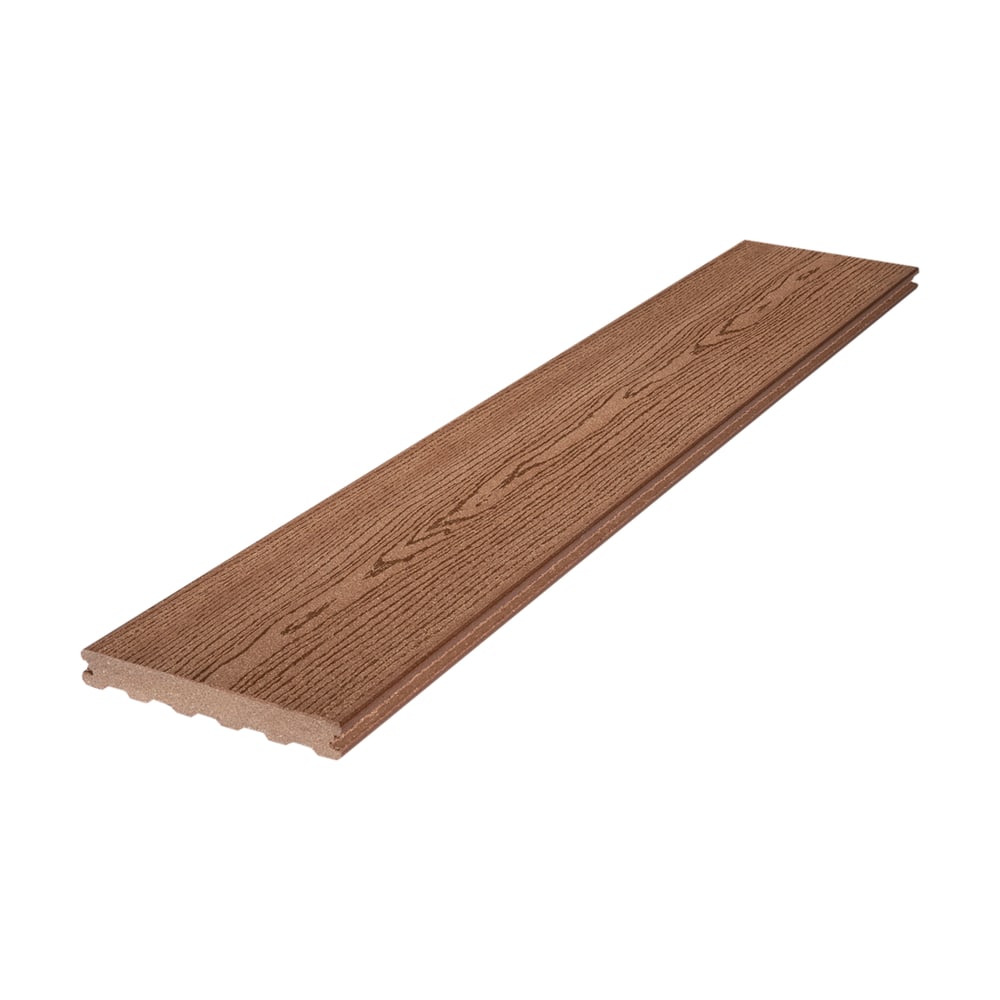 Placă Silvadec Elegance Exotic Brown, maro-roșcat, cu fața structurată în desen de lemn și profilul crestat vizibil la capăt Placă Silvadec Elegance Exotic Brown, maro-roșcat, cu fața structurată în desen de lemn și profilul crestat vizibil la capăt