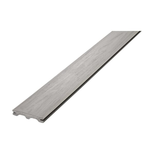 Placă UPM ProFi Piazza One Silver Teak, gri deschis cu desen de lemn, cu canalele rotunjite ale profilului vizibile la capăt