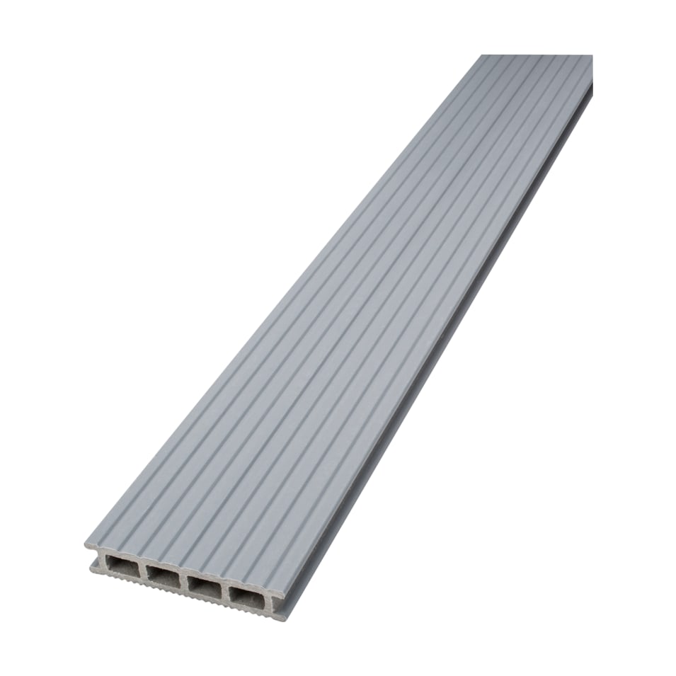Placă UPM ProFi Deck Gri Perlat, gri deschis cu nuanță rece, pe fața cu caneluri late și cu camerele goale la capăt Placă UPM ProFi Deck Gri Perlat, gri deschis cu nuanță rece, pe fața cu caneluri late și cu camerele goale la capăt