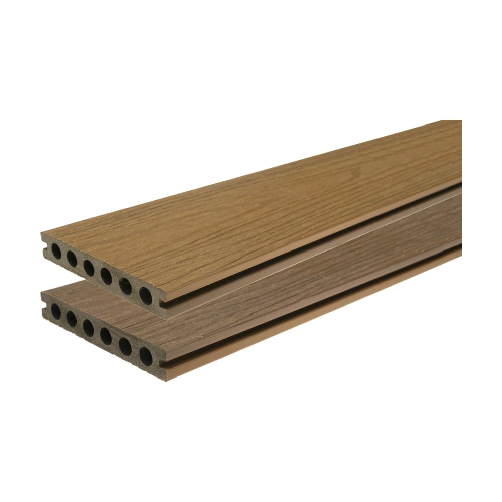 Două plăci WPC Gardin Deco 2.0 cu goluri rotunde, una pe fața Cinnamon Teak, maro-caramel, cealaltă pe fața Antic Walnut, maro mai închis Două plăci WPC Gardin Deco 2.0 cu goluri rotunde, una pe fața Cinnamon Teak, maro-caramel, cealaltă pe fața Antic Walnut, maro mai închis