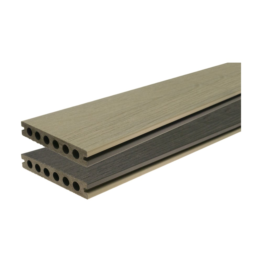 Două plăci WPC Gardin Deco 2.0 cu goluri rotunde, una pe fața Silver Fir, bej-gri deschis, cealaltă pe fața Dark Silver, gri închis Două plăci WPC Gardin Deco 2.0 cu goluri rotunde, una pe fața Silver Fir, bej-gri deschis, cealaltă pe fața Dark Silver, gri închis