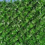 Frunzele din PVC verde ale plasei de gard viu, văzute de aproape