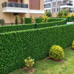 Grădină împrejmuită cu gard viu artificial, cu arbuști în față