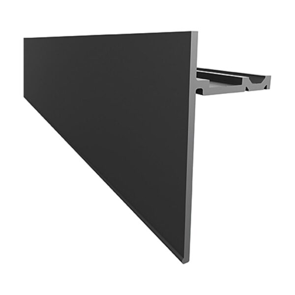 Plintă din aluminiu Top Rail cu fața neagră lată și profilul de prindere argintiu pe spate, văzută din capăt