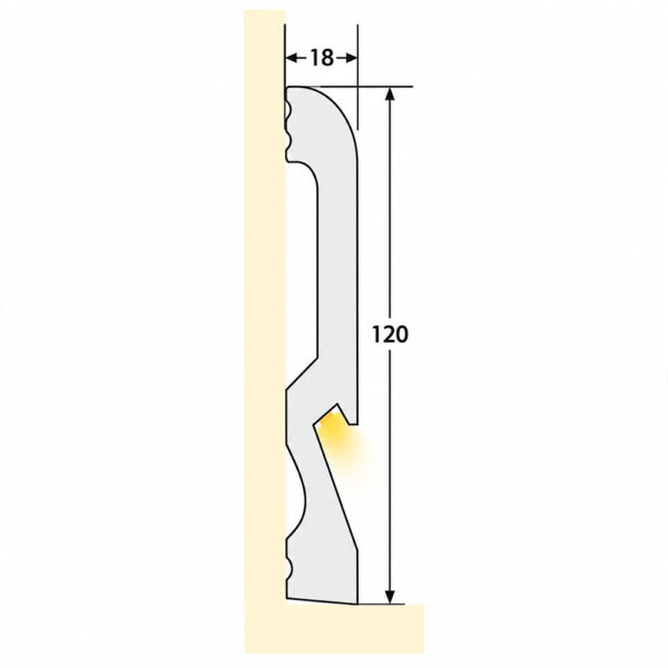 Desen cu secțiunea plintei JX304 lipite pe perete: 120 mm înălțime, 18 mm grosime, canal LED spre pardoseală