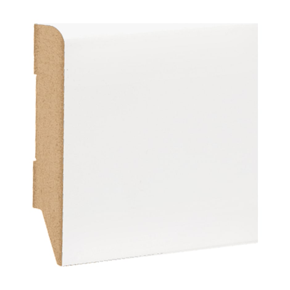 Plinta albă LaminWood A-69 din MDF, fotografiată din capăt, pe fundal alb Plinta albă LaminWood A-69 din MDF, fotografiată din capăt, pe fundal alb