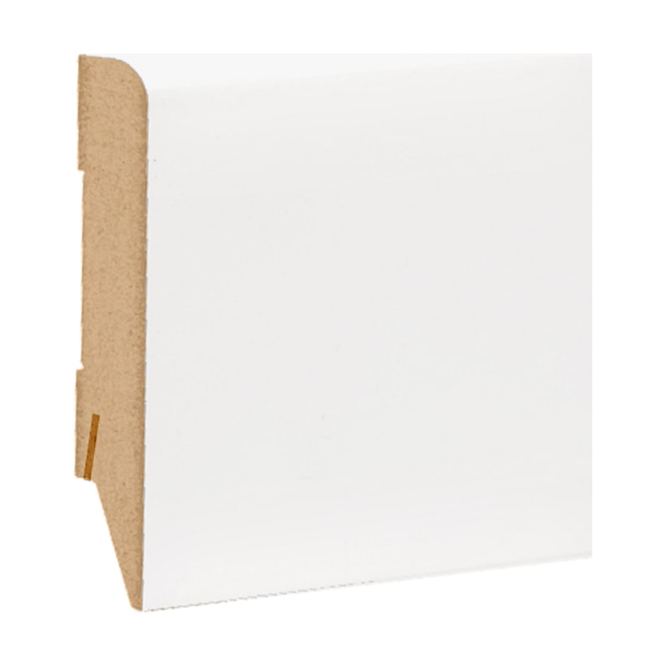 Plintă LaminWood A-80 cu fața albă netedă și capătul tăiat, cu miezul de MDF la vedere Plintă LaminWood A-80 cu fața albă netedă și capătul tăiat, cu miezul de MDF la vedere