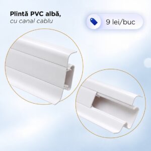 Plintă PVC albă cu canal pentru cabluri, în două detalii: cu capacul închis și cu canalul deschis