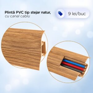 Plintă PVC tip stejar natur cu canal pentru cabluri, cu capacul închis și cu canalul deschis, cu cabluri colorate