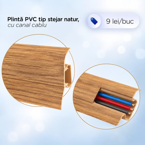 Plintă PVC tip stejar natur cu canal pentru cabluri, cu capacul închis și cu canalul deschis, cu cabluri colorate