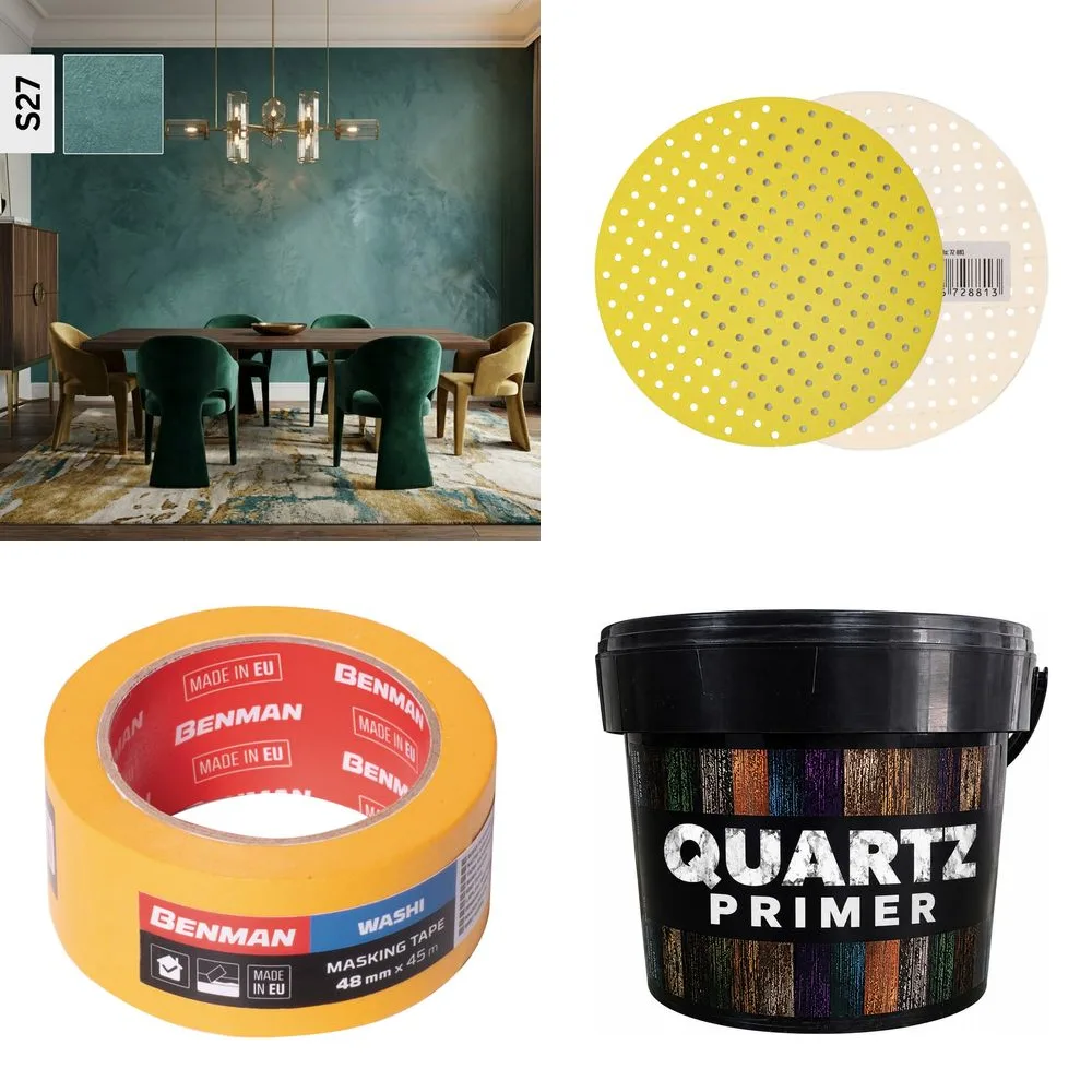 Perete verde-petrol cu vopsea decorativă catifelată, alături de un disc abraziv cu orificii, o rolă de bandă de mascare Washi și o găleată de amorsă Quartz Primer