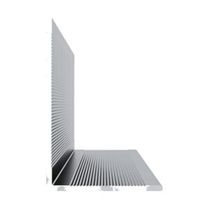 Profil structural EJOT în formă de L, din aluminiu, văzut din capăt, cu cele două aripi în unghi drept și caneluri fine pe interior