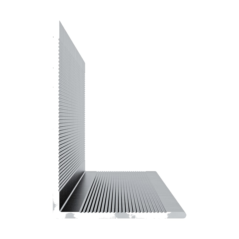 Profil structural EJOT în formă de L, din aluminiu, văzut din capăt, cu cele două aripi în unghi drept și caneluri fine pe interior Profil structural EJOT în formă de L, din aluminiu, văzut din capăt, cu cele două aripi în unghi drept și caneluri fine pe interior