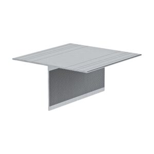 Profil structural EJOT în formă de T, din aluminiu, în perspectivă: aripa lată de sus cu linii de ghidaj și peretele vertical canelat